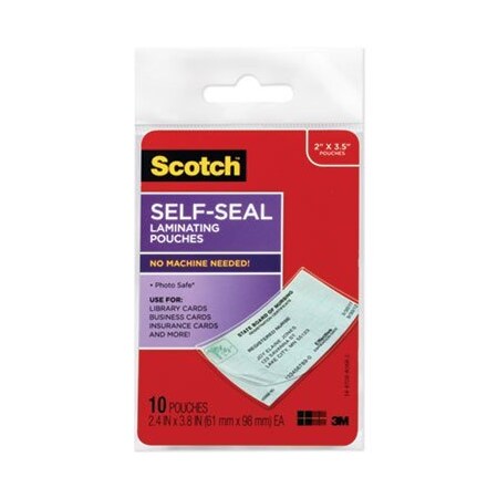 3M Commercial Scotch, Self-Sealing Laminating Pouches, 9 Mil, 3.8In X 2.4in, Gloss Clear, 10PK LS85110G